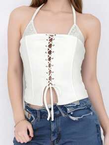 Chaleco de verano para mujer, sin mangas, con cuello halter, espalda abierta, cruzado y vendaje - Blanco - Ver 2