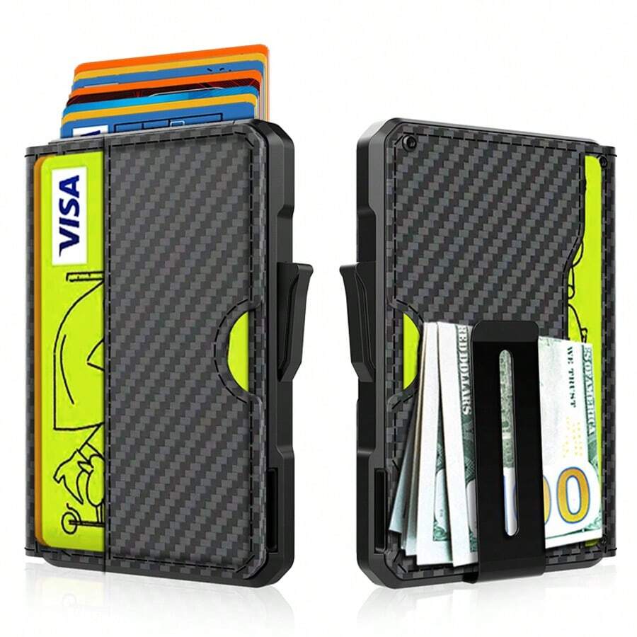 热销男士RFID屏蔽铝合金智能钱包，开口设计，带RFID防护按钮，前置卡槽，带ID窗口，可放现金和信用卡，PU材质钱包
