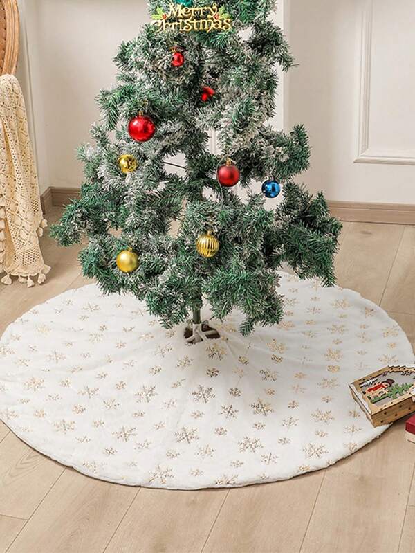 1 pieza Falda para árbol de Navidad de 120 cm con diseño de copos de nieve en blanco, falda de árbol de Navidad de felpa reutilizable para decorar el ambiente navideño, decoración del hogar y temas de fiesta