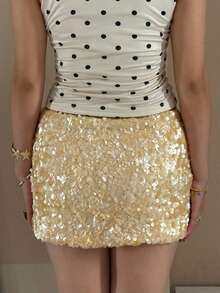 Women's Fashion Mini Skirts Sequins Low Waist Skirts Summer Party Bodycon Skirts - Màu be - Xem 6