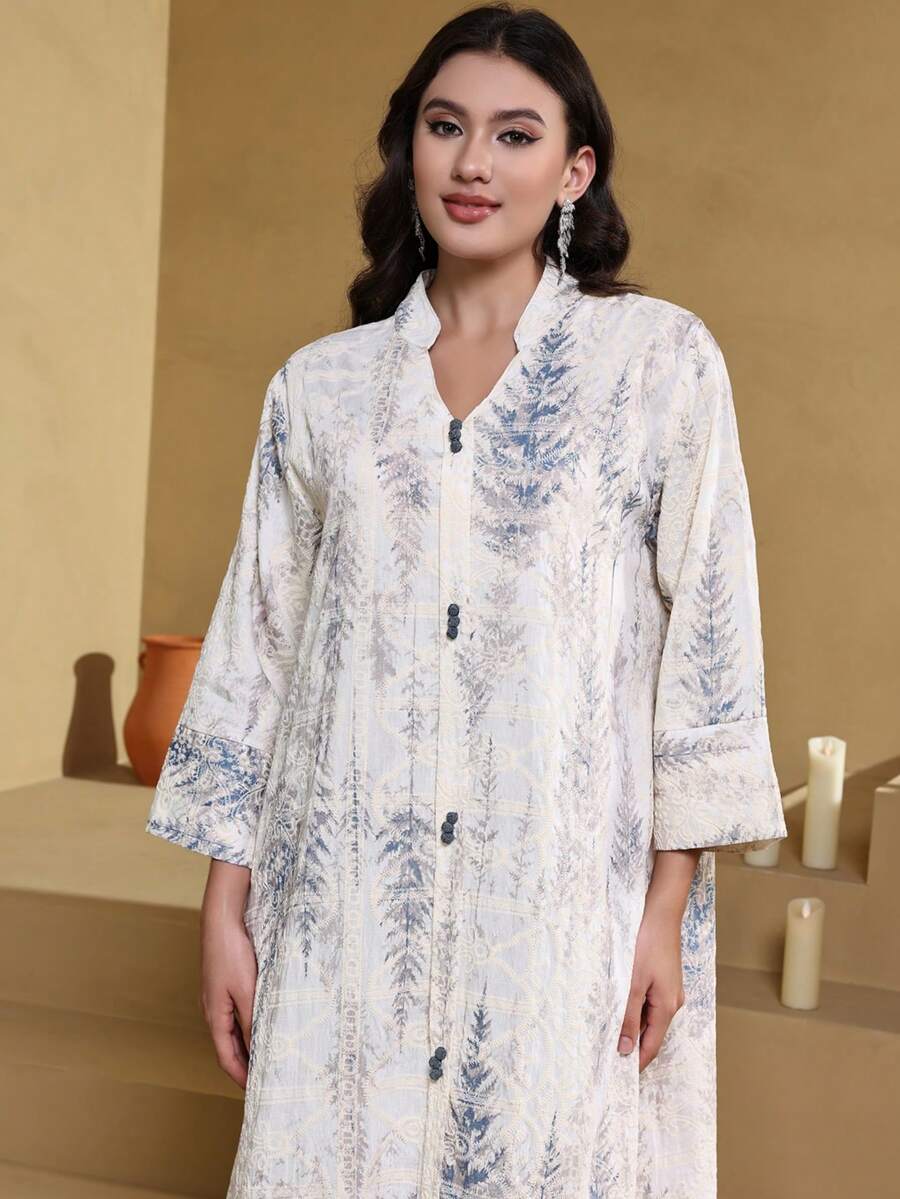 刺绣优雅长袍，V领七分袖，时尚长袍，2026年沙特国庆节最新款，白色春季款