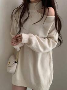 时尚露肩高领毛衣，宽松叠穿上衣 - 杏色 - 查看 3