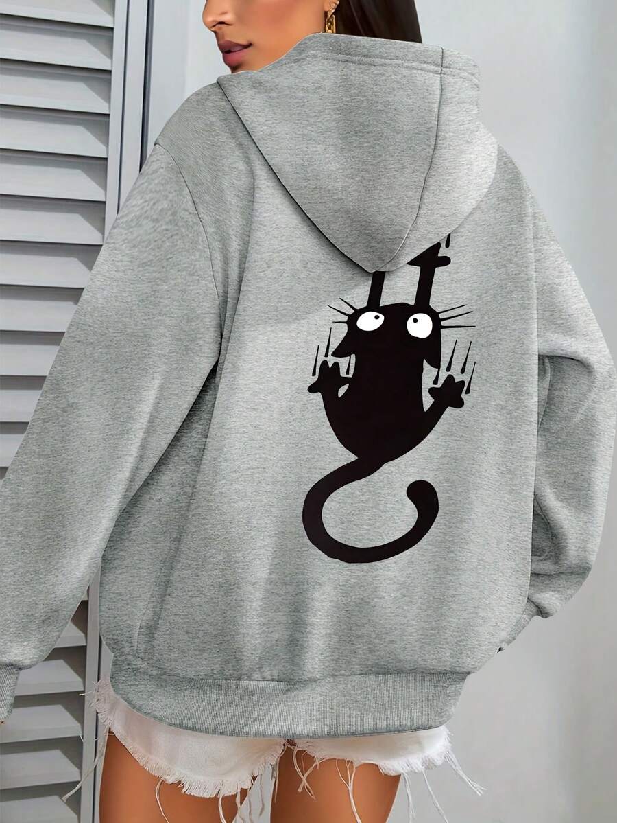 Cute Cat Pattern Printed Jacket, Women's Casual Hooded Jacket, Fashionable Hat Rope Hooded Jacket, Women's Comfortable Hooded Jacket, Casual Everyday Women's Jacket, Women's Clothing, Casual And Versatile,Jackets For Women,Cardigan Women,Long Sleeve Top,Long Sleeve Tops For Women,Autumn Outfits Women,Winter Clothes,Going Out Tops Women
