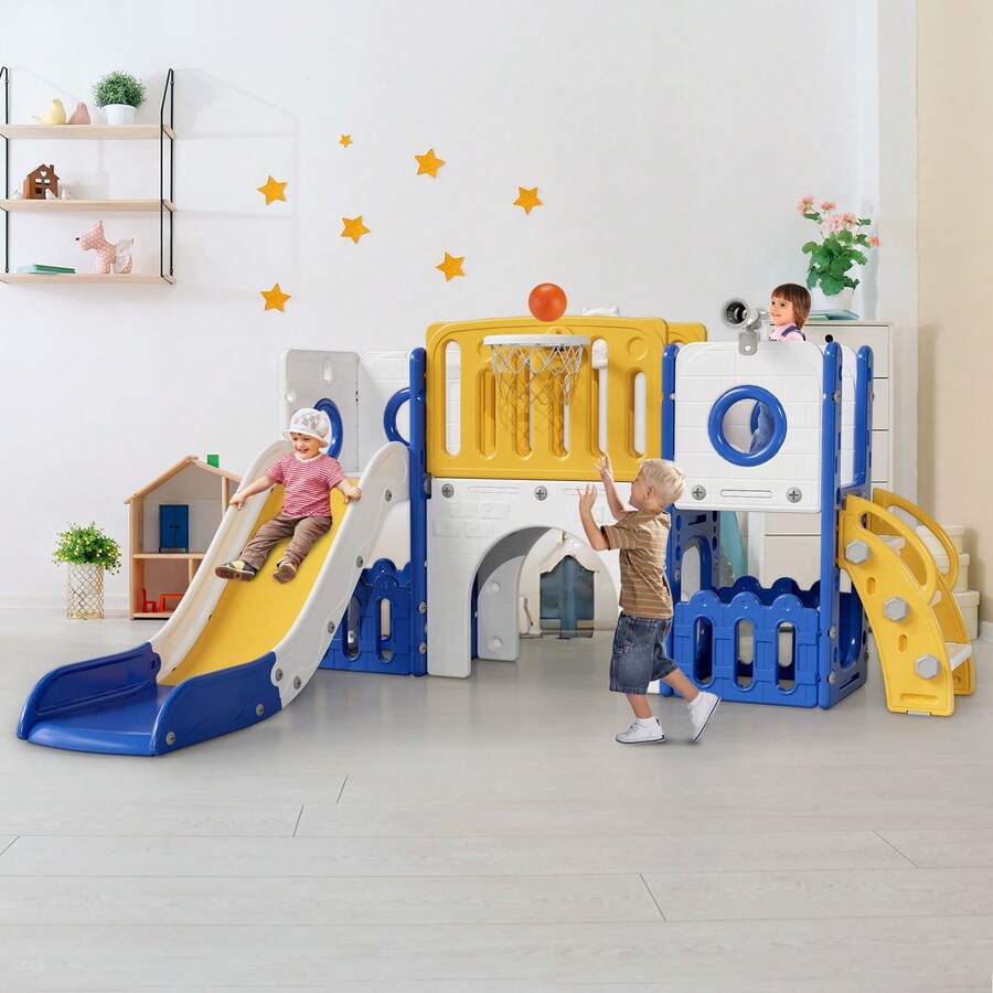 MAMIZO 9 In 1 Large Toddler Slide, Kid Playset W/ Long Slope, Baby Climber Set W/ Basketball Hoop, Telescope, Tunnel, Storage Space, Enclosed Steps, Indoor Outdoor Playground For Ages 3+ - Yellow - View 1