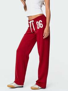 Women's Barrel Leg Sweatpant Drawstring Elastic Waisted Wide Leg Pants Casual Cotton Palazzo Trousers - 紅色 - 查看 3