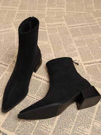 Elegant Black Suede Elastic Fabric Women's Ankle Boots, Pointed Toe Chunky Heel Zipper Closure Fashion Boots Suitable For Street, Business, Party, Wedding, Nightclub, Women's Elastic Boots, 2025 New Autumn/Winter Thermal Lined Women Chelsea Boots