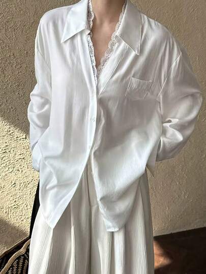 Women's Casual & Commuting Solid Color Lace Trim Raglan Loose Front Button Shirt, Spring/Autumn