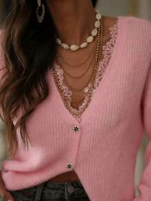 Women's V-Neck Cardigan - Lace Collar Decorated With Crystal Rhinestones, Solid Color Knit Sweater, Long Sleeve Open Front, Showcasing Feminine Casual Chic Style - Pink - View 3