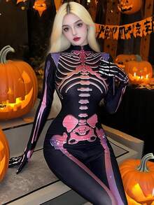 1 件女式性感骷髅服装紧身衣，适合万圣节派对、直播、角色扮演