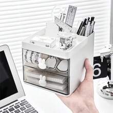 1pc White 2-Layer Drawer Desk Organizer With Pen Holder & Cute Rabbit Handle, Multi-Functional Storage Box For Stationery Or Cosmetics - Easter, Back To School Season Decor (Spring Classroom, Office, Back To School Essentials) Desk Office Supplies Office Accessories - Rectangle - View 9