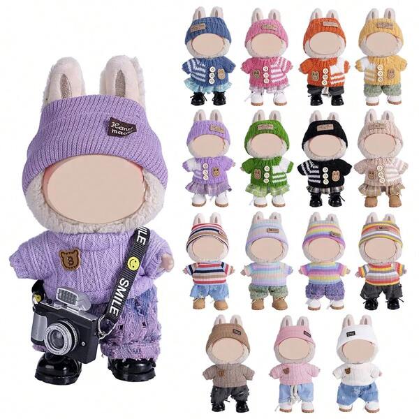 6.69 Inch Doll Clothes, Compatible With Labubu, Includes 3 Outfits - Fashionable Bucket Hat, Sweater And Pants Or Skirt Set, Suitable For 6.69 Inch Doll, Cute Doll Figure Accessories For Play And Display (Shoes And Doll Not Included)