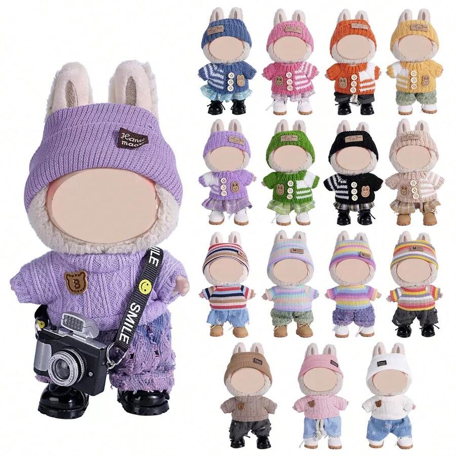 6.69 Inch Doll Clothes, Compatible With Labubu, Includes 3 Outfits - Fashionable Bucket Hat, Sweater And Pants Or Skirt Set, Suitable For 6.69 Inch Doll, Cute Doll Figure Accessories For Play And Display (Shoes And Doll Not Included)