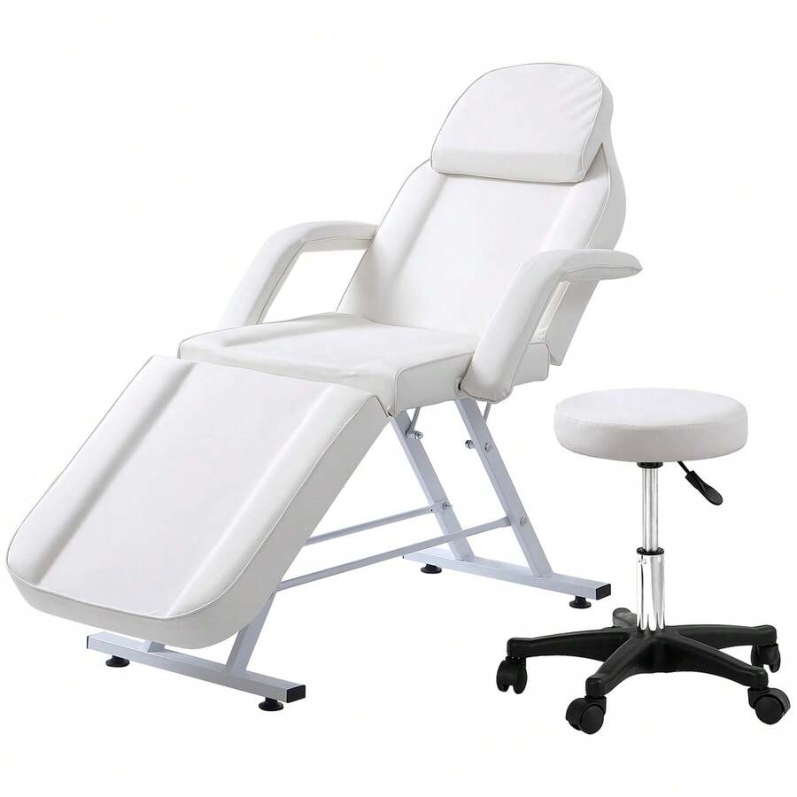 3-Section Adjustable Salon Table With Head Cushion And Stool, Facial Chair Massage Bed, Max Weight Capacity 330lbs (White) - White - View 1