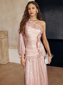 Simplee 女士春夏新款不对称设计亮片褶皱荷叶边长款晚礼服，适合婚礼、派对、生日等场合 - 粉色 - 查看 6