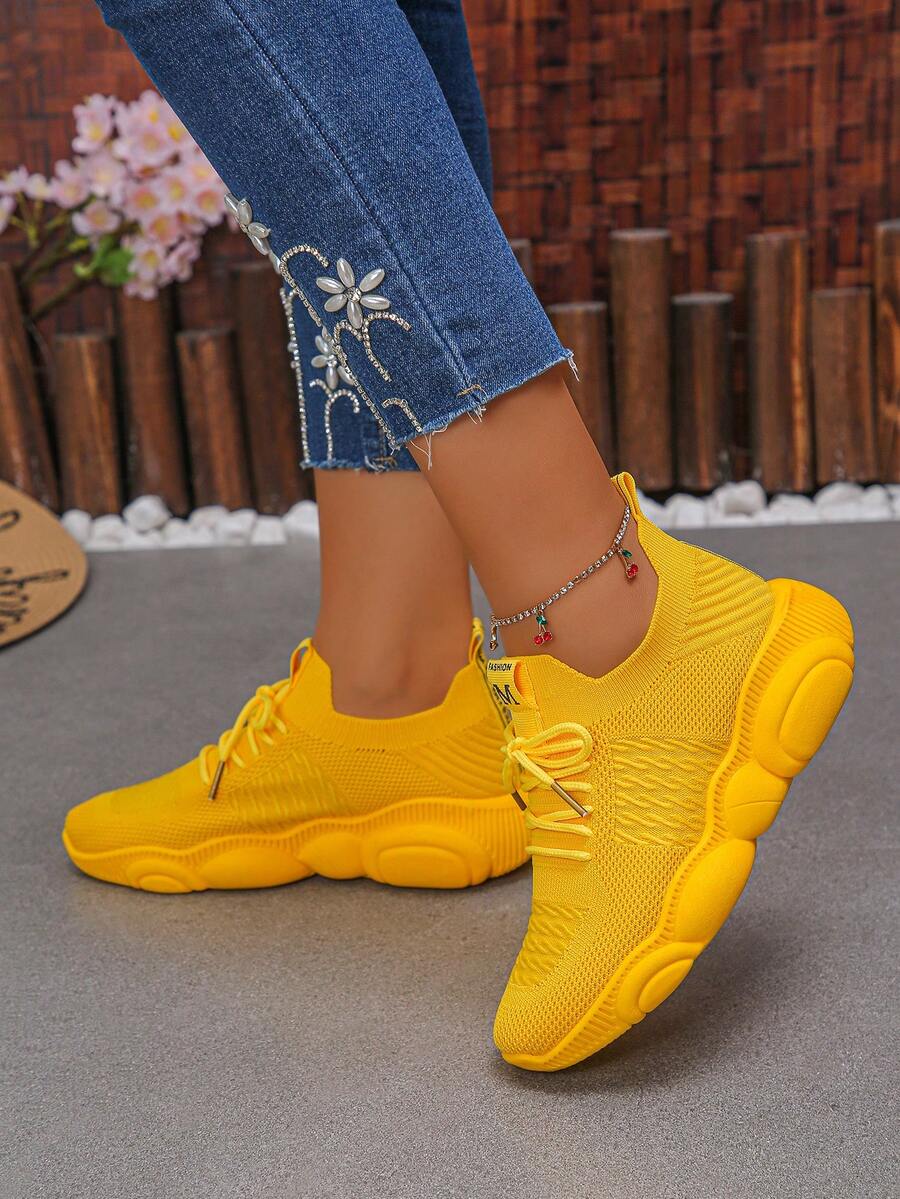 Teenagers' Lace-Up Fashion Casual Shoes, Knitted Comfortable Breathable Sneakers - Yellow - View 1