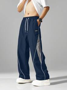 Men 1pc Comfortable Elastic Waist Drawstring Casual Straight Loose Wide Leg Pants, Sporty Contrast Color, Fall