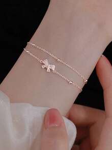 Clariva 1pc Exquisite & Luxury Double Layered Bow-Knot Design Bracelet Valentines Gifts - Rose Gold - View 6