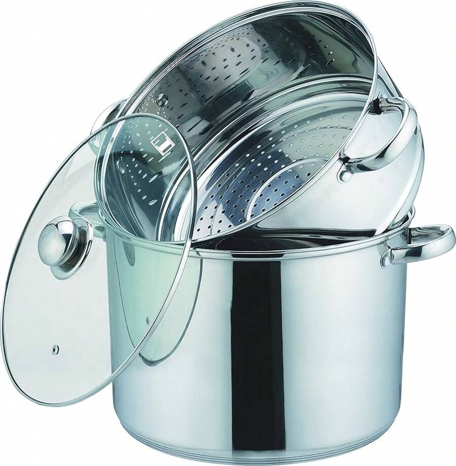 Kamberg - Couscoussier / Cuit Vapeur / Faitout 3 en 1 - Diamètre 20 - 4 Litres - Acier Inoxydable Haute Qualité - Couvercle en Verre - Feux dont Induction - 0008059 - 8 litres - Voir 1