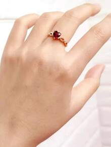 Heart-Shaped Red Zirconia Decor Ring, Casual & Versatile Accessory
