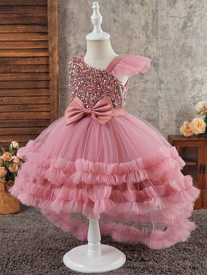Young Girls Pink Sequin Bow Decoration Splicing Sleeveless Dress Gown, Suitable For Flower Girl Wedding, Birthday Party, Stage Performance, Host And Other Important Occasions, Suitable For Halloween, Christmas And Other Important Festivals