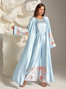 3pcs/Set Women Floral Print Camisole, Elastic Waist Pants, Long Cardigan Elegant Casual Dress Suit, Suitable For Holidays And Daily Wear - Blue - View 1