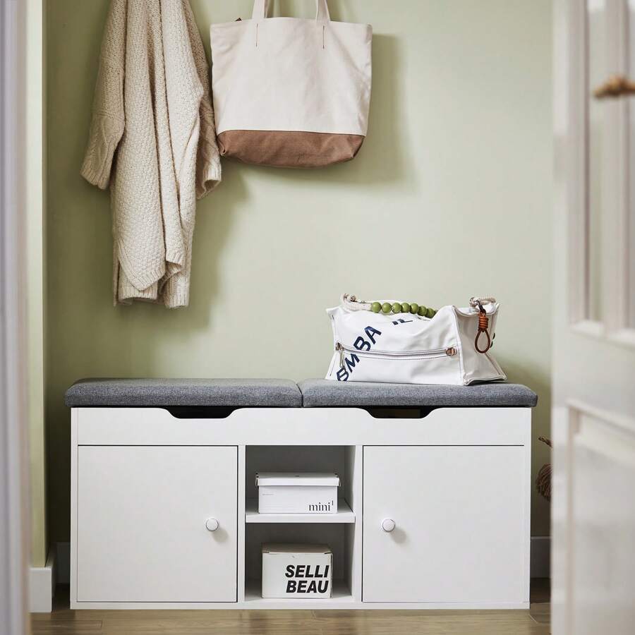 SoBuy FSR96-W, Shoe Rack Shoe Bench Shoe Cabinet With 2 Folding Padded Seats And 2 Doors, W100 X D34 X H48cm - White - View 1