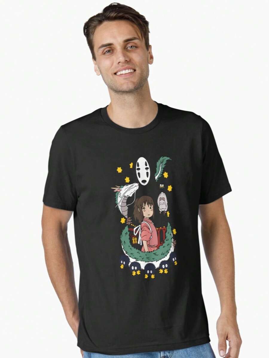 Vintage Totoros T-Shirt, Spiriteds Away T-Shirt,Unisex Anime Cotton Crewneck Tee For Mens & Womens - Ultra-Soft 100% Cotton Daily Wear T-Shirt With Vibrant Character Prints - Breathable & Machine Washable - Perfect Gift For Otaku Fans Year-Round - 黑色 - 查看 1