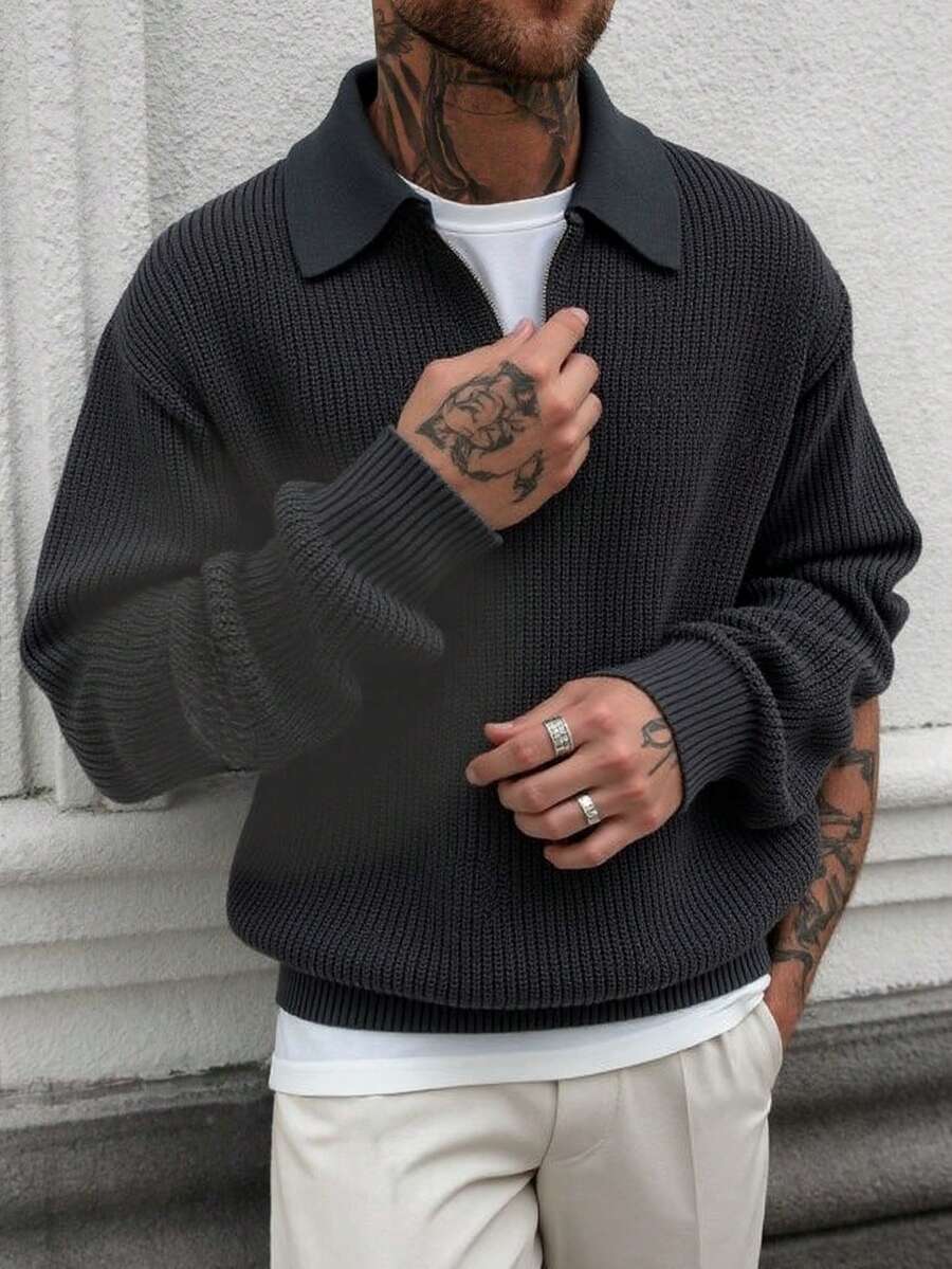 Men's Casual Solid Color Half-Zip Collar Ribbed Knit Sweater, Autumn/Winter, Long Sleeve Top