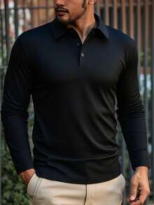 Polo a maniche lunghe da uomo, camicia casual da business in colore unito, slim fit, colletto, t-shirt basic per autunno/inverno