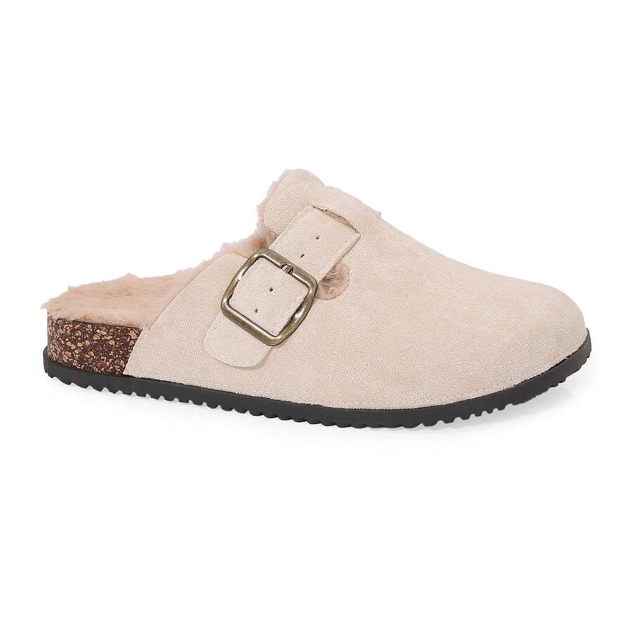 Women's Buckle Design Fleece Lined Slip-On Slippers, For Beach & Home - Krem - View 1