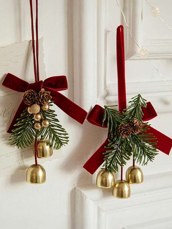 2pcs Velvet Bow Pinecone Bell Pendant, Suitable For Decorating Doorknobs, Living Room Hangings, Christmas Tree Ornaments Christmas Decorations Winter Room Decor