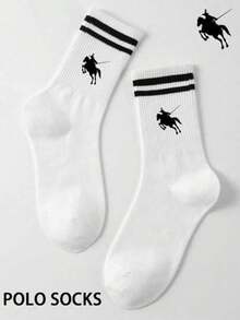 1/5 Pairs Unisex Classic Striped Equestrian Mid-Calf Socks, Breathable Casual Everyday Wear, Fall - White - View 1