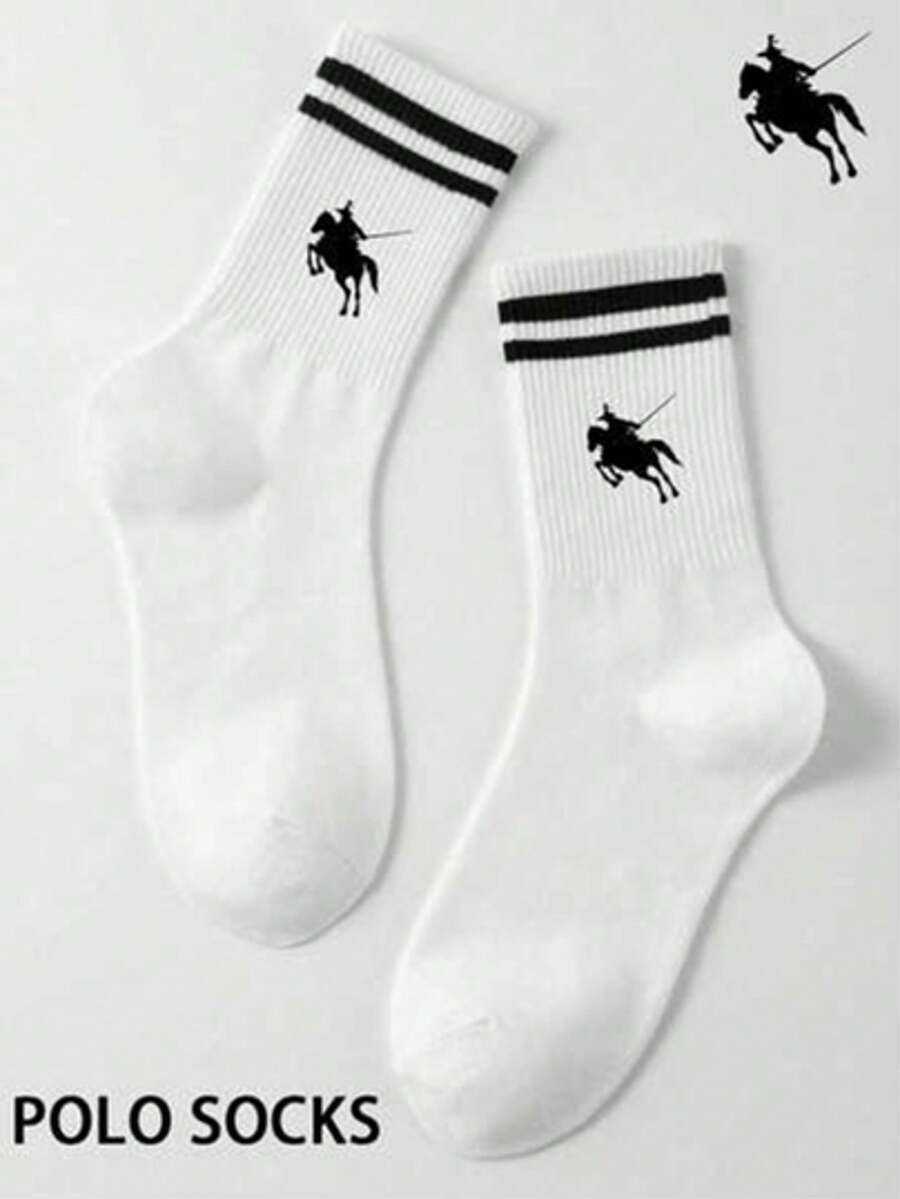 1/5 Pairs Unisex Classic Striped Equestrian Mid-Calf Socks, Breathable Casual Everyday Wear, Fall - White - View 1