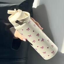 800ml Pink Insulated Water Bottle With Cute Bow And Heart Print - 304 Stainless Steel Coffee Cup With Portable Handle And Foldable Straw, Perfect Gift For Women, Sisters, And Girlfriends For Valentine's Day, Christmas, Back To School And New Year