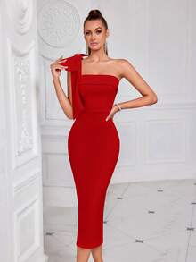 ADYCE 不对称领口纯色蝴蝶结装饰开衩露背中长款鸡尾酒会礼服，优雅半正式礼服，适合生日、婚礼宾客、毕业典礼、晚宴、返校节等场合，优雅的夏季新年礼服 - 紅色 - 查看 8