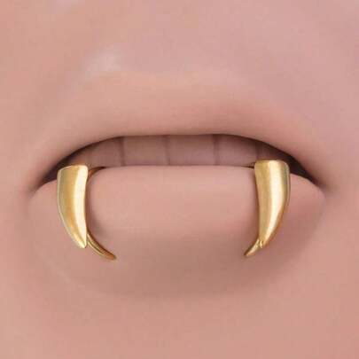 2pcs Exaggerated Gothic Style Stainless Steel Fake Lip Piercing Stud Ring With Sharp Teeth Design Body Jewelry