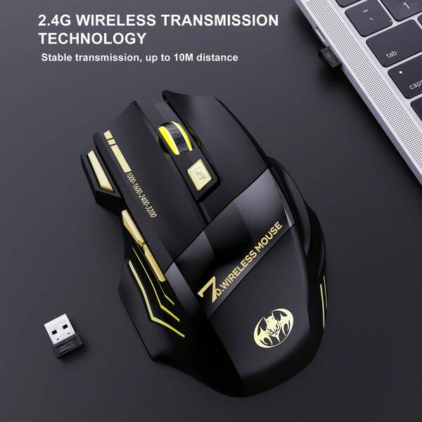 Mouse de gaming wireless reîncărcabil 2.4G cu iluminare cu logo cu respirație în 7 culori, mouse negru cu iluminare din spate cu 7 butoane, potrivit pentru laptop și desktop, dimensiune mare a mâinii