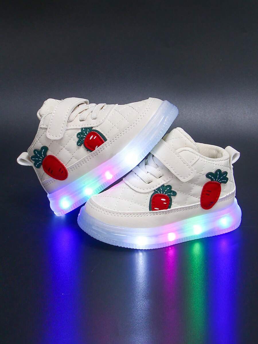 1 Pair PU Toddler Kids LED Light Up Mid-Top Hook And Loop Design Anti-Slip Fashion Cute Classic Student Sports Light Up Shoes, Suitable For Autumn - White - View 1