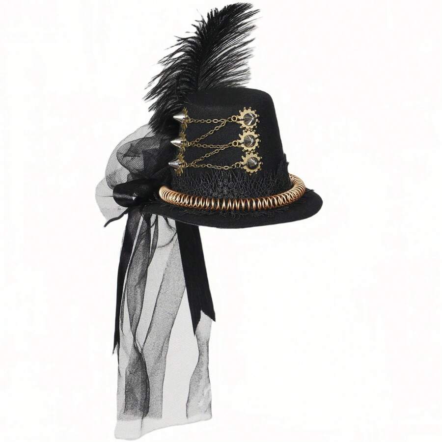 Steampunk Mini Top Hat, Mechanical Gear Punk Black Hair Clip Hat, Black Small Hat, Rivet Decor, Best Gift For Halloween, Vintage Veil Fascinator Hat For Masquerade Ball, Costume Party, Photography Props