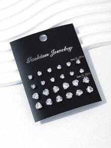 24-48pcs/Set Simple Punk Geometric Round, Square, Heart, Triangle, Five-Pointed Star Zirconia Earrings Suitable For Men, Suitable For Gorgeous Parties, Festivals, Vacations, Music Events, Couples, Gatherings, Dates, Gifts, Casual Wear