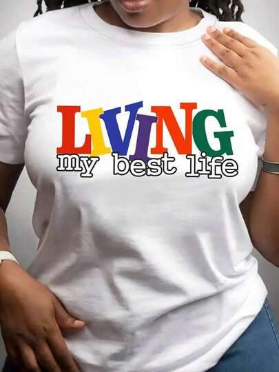 Living My Best Life Camiseta Gráfica Colorida para Mujer - Cuello Redondo Casual, Manga Corta, Transpirable - Lavable aáquina, Tela Suave y Cómoda