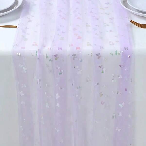 1Pc Light Purple Butterfly Rectangular Table Runner,75cm*180cm Mesh Gauze Table Runner Table Cloth For Rustic Wedding Receptions,Butterfly Sequin Wedding Party Table Runner,Birthday Decoration,Home Decor,Butterfly Party Decor,Babe Shower,Table Decoration