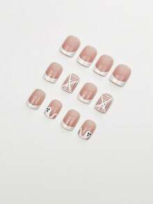 Add A Touch Of Atmosphere 24pcs Press On Nails Short Creative Minimalist White French Tip Nails, White Ghost, Spider Web Pattern, Quirky Nail Art, Silver Glitter Embellishment, Cute Temperament, Detachable And Reusable Fake Nail Set, Suitable For Girls' Halloween, Campus - Multicolor - View 4