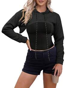 Women Crop Top Pullover Sweatshirt Long Sleeve Drawstring Hoodie - 黑色 - 查看 4