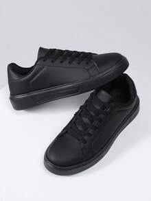 [皮革滑板鞋] 白色皮革男士滑板鞋 - 舒适低帮，耐用橡胶鞋底，PU 衬里 - 休闲系带低帮运动鞋