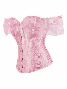 Damen Jacquard Geraffter Taille Spitze Träger Korsett Top mit Off-Shoulder Ausschnitt, geeignet für Silvester Party, Valentinstag