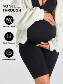 1pc Maternity Shorts, Belly Support Design, Lightweight & Breathable, Stretchy & Comfortable Sports - Black - View 5