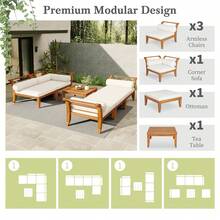 MERAX 6 Piece Patio Sofa Set, Acacia Wood Outdoor Modular Sectional Garden Furniture Set L-Shaped Conversation Set, Convertible Daybed With Tea Table, Ottoman, 5 Cushions And Pillows, Teak+Beige - Teak+Beige - 查看 4