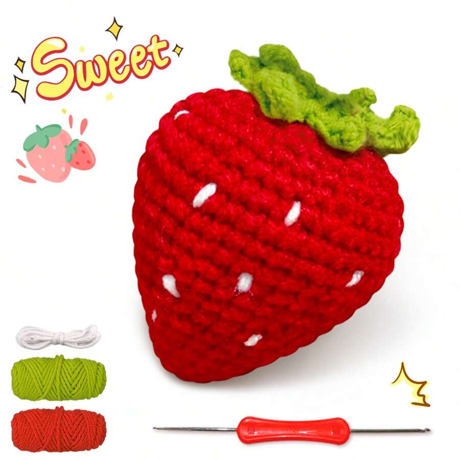 1 pieza Conjunto de crochet de fresa para principiantes, kits de postres de ganchillo con tutoriales de video paso a paso, fácil de aprender para principiantes, una actividad de bricolaje entretenida y agradable (accesorios en color aleatorio)