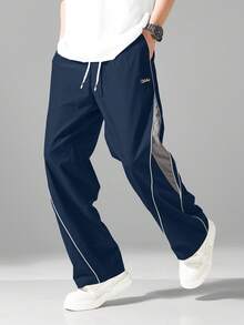Men 1pc Comfortable Elastic Waist Drawstring Casual Straight Loose Wide Leg Pants, Sporty Contrast Color, Fall